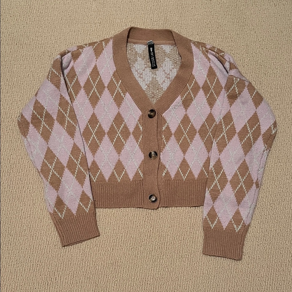 Design Lab | Tan and Lilac Argyle Cardigan